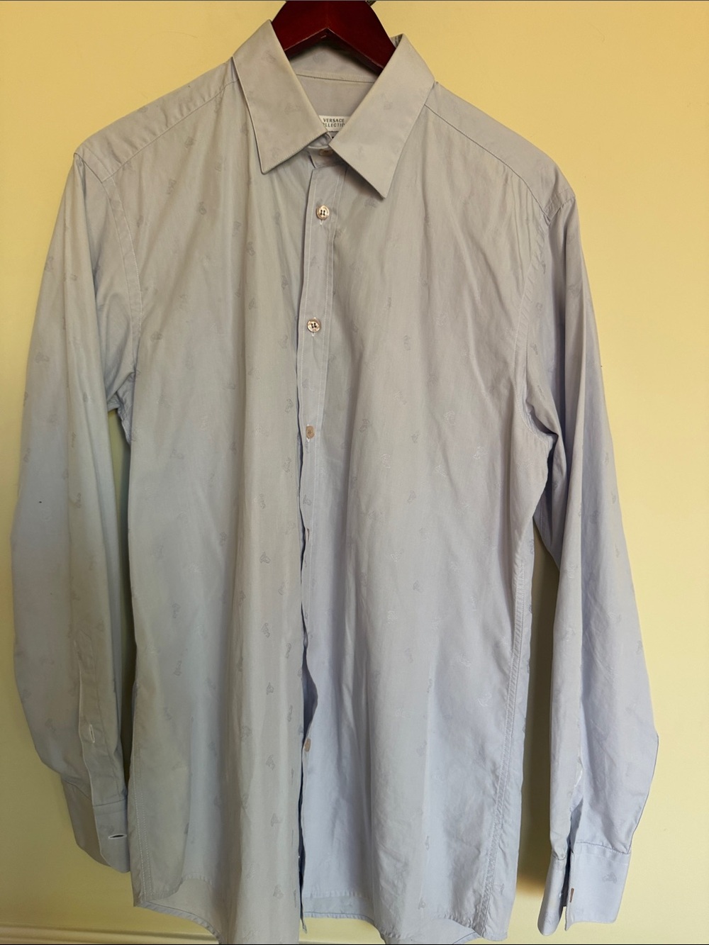 Versace Light Blue Long-Sleeve Dress Shirt Logo inprinted fabric Sz 44 Neck 17.5
